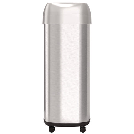 Open Top Trash Can with Wheels, Oval, 16 gal, Plastic/Stainless Steel, Silver