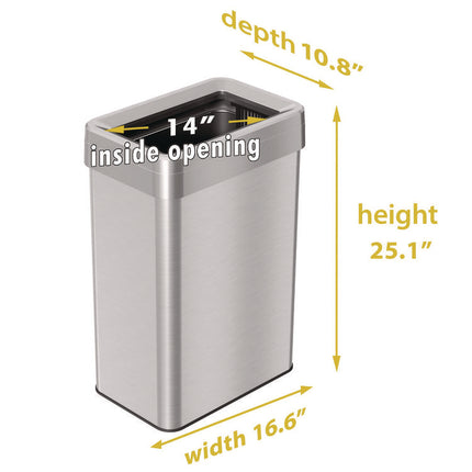 Open Top Trash Can, Rectangular, 16 gal, Plastic/Stainless Steel, Silver