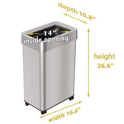 Open Top Trash Can with Wheels, Rectangular, 16 gal, Plastic/Stainless Steel, Silver