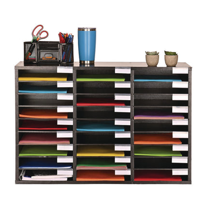 Wooden 27 Compartment Literature Organizer, 27 Sections, Letter Size, 31.49 x 11.81 x 21.65, Black