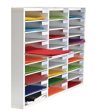 Wooden 27 Compartment Literature Organizer, 27 Sections, Letter Size, 31.49 x 11.81 x 21.65, White