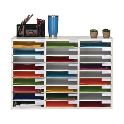 Wooden 27 Compartment Literature Organizer, 27 Sections, Letter Size, 31.49 x 11.81 x 21.65, White
