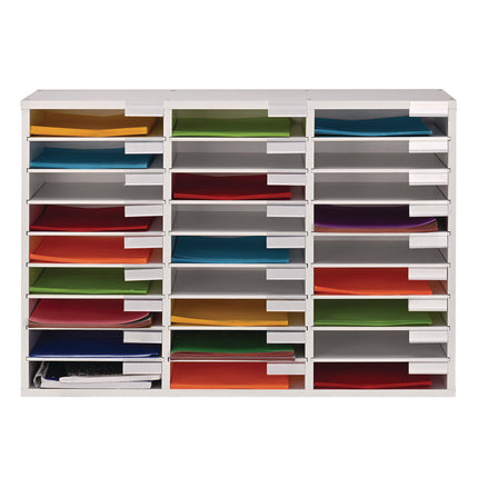 Wooden 27 Compartment Literature Organizer, 27 Sections, Letter Size, 31.49 x 11.81 x 21.65, White