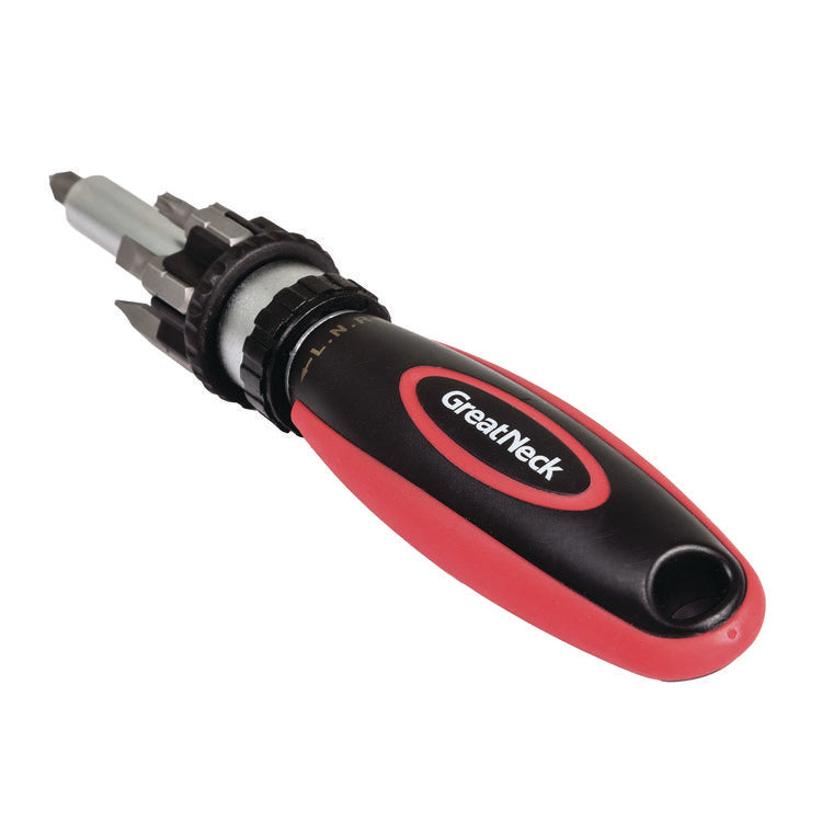 Ratcheting Screw/Nut Driver Set, Phillips/Slotted/Star Bits, 7" Long, Black/Red