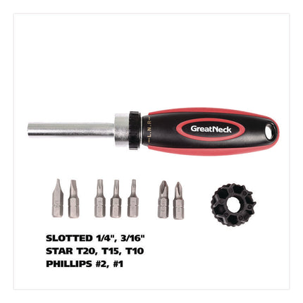 Ratcheting Screw/Nut Driver Set, Phillips/Slotted/Star Bits, 7" Long, Black/Red