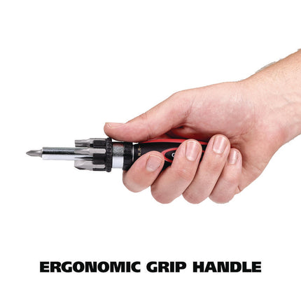 Ratcheting Screw/Nut Driver Set, Phillips/Slotted/Star Bits, 7" Long, Black/Red