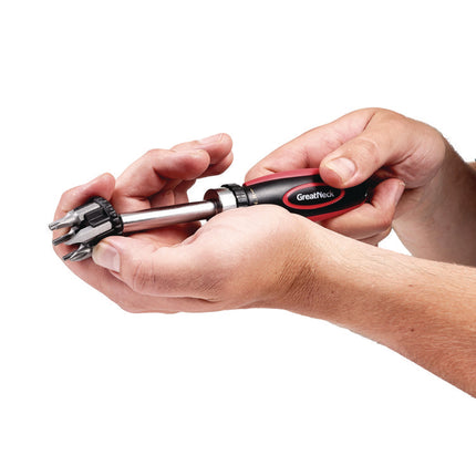 Ratcheting Screw/Nut Driver Set, Phillips/Slotted/Star Bits, 7" Long, Black/Red