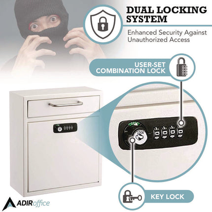 Medium Secure Drop Box Wall Mounted Locking Mail Box with Key and Combination Lock, 10.51 x 4.72 x 12, White