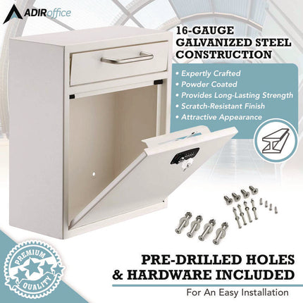 Medium Secure Drop Box Wall Mounted Locking Mail Box with Key and Combination Lock, 10.51 x 4.72 x 12, White