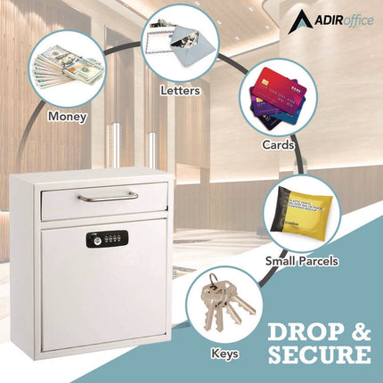 Medium Secure Drop Box Wall Mounted Locking Mail Box with Key and Combination Lock, 10.51 x 4.72 x 12, White