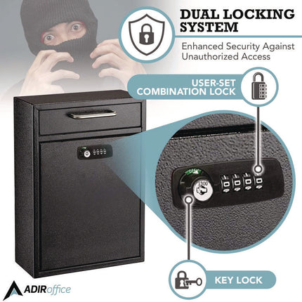 Large Secure Drop Box Wall Mounted Locking Mail Box with Key and Combination lock, 11.2 x 4.7 x 16.2, Black