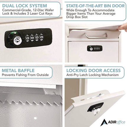 Medium Secure Drop Box Wall Mounted Locking Mail Box with Key and Combination Lock, 10.51 x 4.72 x 12, White