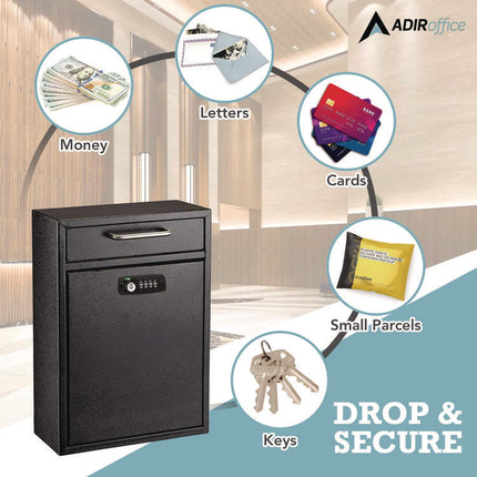 Large Secure Drop Box Wall Mounted Locking Mail Box with Key and Combination lock, 11.2 x 4.7 x 16.2, Black