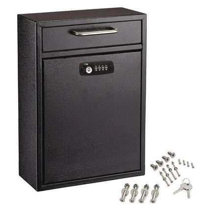 Large Secure Drop Box Wall Mounted Locking Mail Box with Key and Combination lock, 11.2 x 4.7 x 16.2, Black