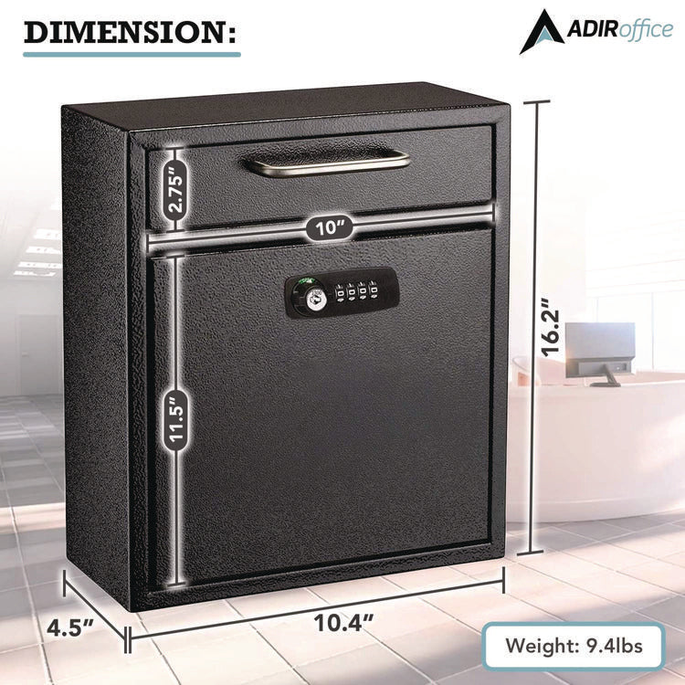 Medium Secure Drop Box Wall Mounted Locking Mail Box with Key and Combination Lock, 10.51 x 4.72 x 12, Black