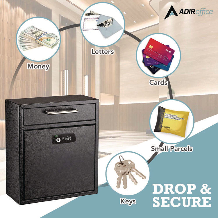 Medium Secure Drop Box Wall Mounted Locking Mail Box with Key and Combination Lock, 10.51 x 4.72 x 12, Black