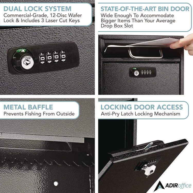 Medium Secure Drop Box Wall Mounted Locking Mail Box with Key and Combination Lock, 10.51 x 4.72 x 12, Black