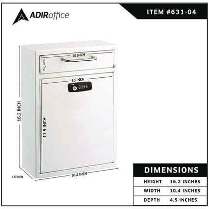 Large Secure Drop Box Wall Mounted Locking Mail Box with Key and Combination lock, 11.2 x 4.7 x 16.2, White