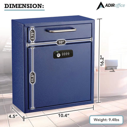 Medium Secure Drop Box Wall Mounted Locking Mail Box with Key and Combination Lock, 10.51 x 4.72 x 12, Blue