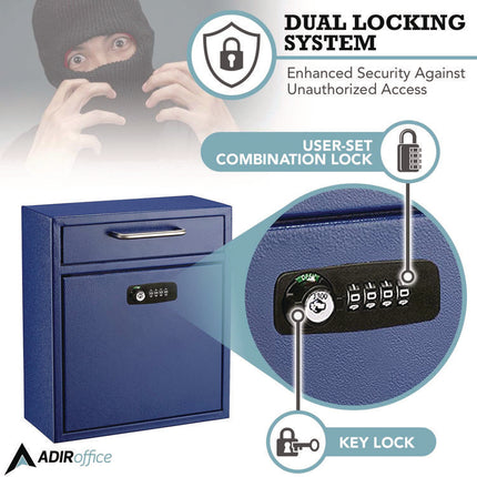 Medium Secure Drop Box Wall Mounted Locking Mail Box with Key and Combination Lock, 10.51 x 4.72 x 12, Blue