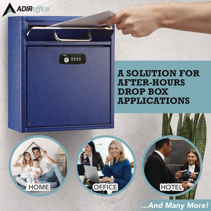 Medium Secure Drop Box Wall Mounted Locking Mail Box with Key and Combination Lock, 10.51 x 4.72 x 12, Blue