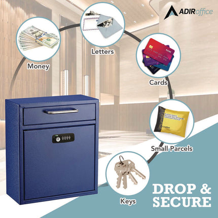 Medium Secure Drop Box Wall Mounted Locking Mail Box with Key and Combination Lock, 10.51 x 4.72 x 12, Blue