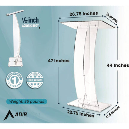 Acrylic Slanted Podium Lectern Speaker Stand, 26.75 x 12.5 x 47, Clear