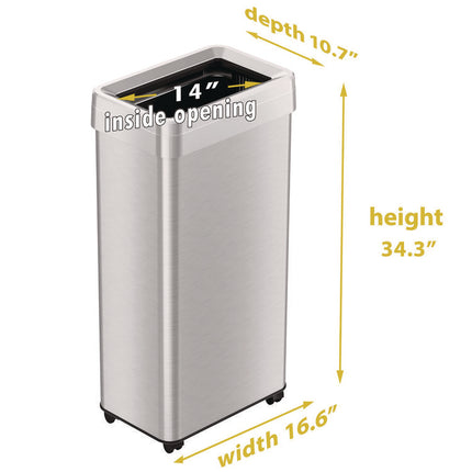 Open Top Trash Can with Wheels, 21 gal, Plastic/Stainless Steel, Silver
