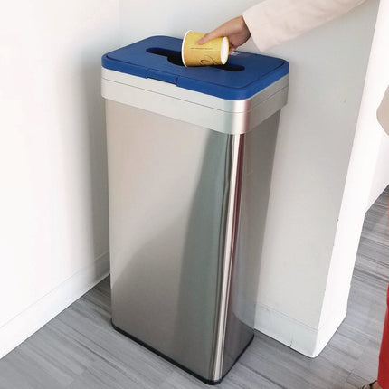 Open Top Recycle Bin with Color-Coded Lid, 21 gal, Plastic/Stainless Steel, Silver/Blue