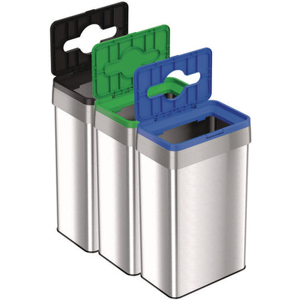 Open Top Trash Can/Recycle Bin/Compost Bin w/Color-Coded Lids Set, 21 gal, Plastic/Stainless Steel, Silver/Black/Blue/Green