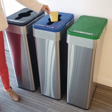 Open Top Trash Can/Recycle Bin/Compost Bin w/Color-Coded Lids Set, 21 gal, Plastic/Stainless Steel, Silver/Black/Blue/Green