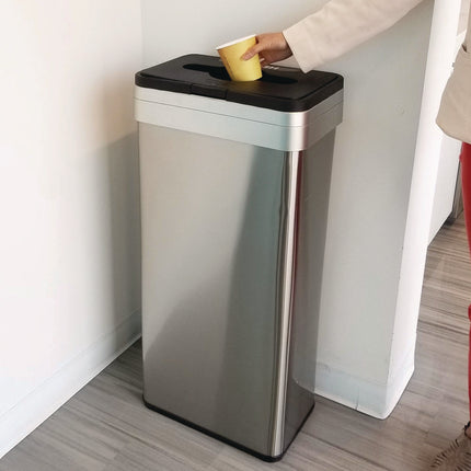 Open Top Trash Can with Color-Coded Lid, 21 gal, Plastic/Stainless Steel, Silver/Black