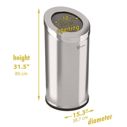 Beveled Open Top Trash Can, 15 gal, Stainless Steel, Silver
