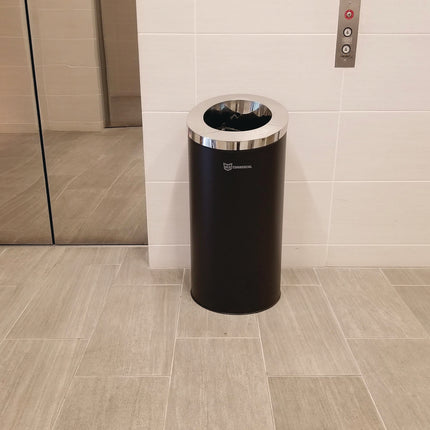 Beveled Open Top Trash Can, 15 gal, Stainless Steel, Black