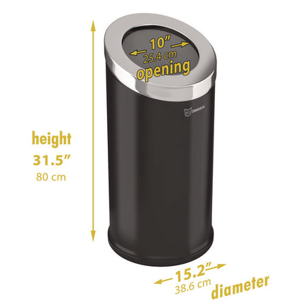Beveled Open Top Trash Can, 15 gal, Stainless Steel, Black