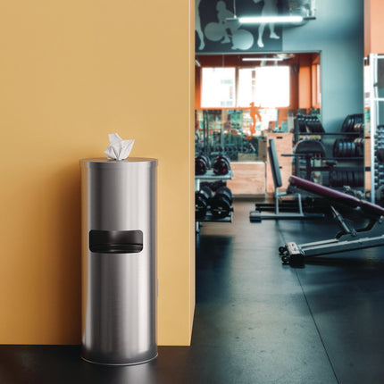 Side-Entry Trash Can with Gym Wipe Dispenser, 9 gal, Stainless Steel, Silver