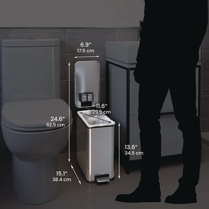 Step Pedal Trash Can, 3 gal, Plastic/Stainless Steel, Silver