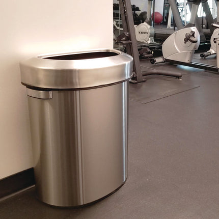 Open Top Trash Can, Half-Round, 18 gal, Plastic/Stainless Steel, Silver
