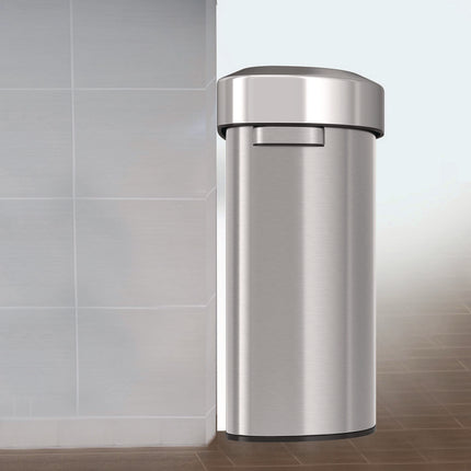 Open Top Trash Can, Half-Round, 18 gal, Plastic/Stainless Steel, Silver