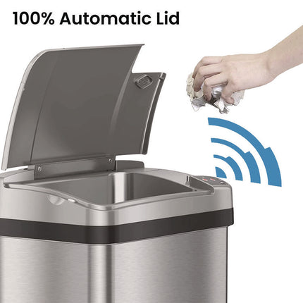 Rectangular Sensor Trash Can, 4 gal, Plastic/Stainless Steel, Silver