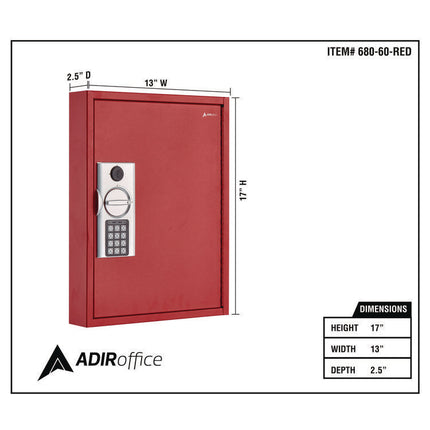 Steel Digital Lock Key Cabinet, 60-Key, 13 x 2.6 x 17, Stainless Steel 304, Red