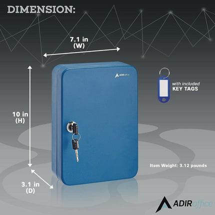 Steel Secure Key Cabinet with Key Lock, 48-Key, 7.1 x 3.1 x 10, Stainless Steel 304, Blue