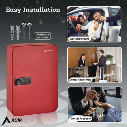 Steel Heavy-Duty Key Cabinet with Combination Lock, 48-Key, 7.1 x 3 x 10, Stainless Steel 304, Red