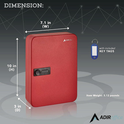 Steel Heavy-Duty Key Cabinet with Combination Lock, 48-Key, 7.1 x 3 x 10, Stainless Steel 304, Red