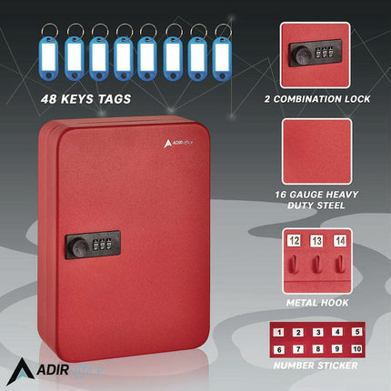 Steel Heavy-Duty Key Cabinet with Combination Lock, 48-Key, 7.1 x 3 x 10, Stainless Steel 304, Red