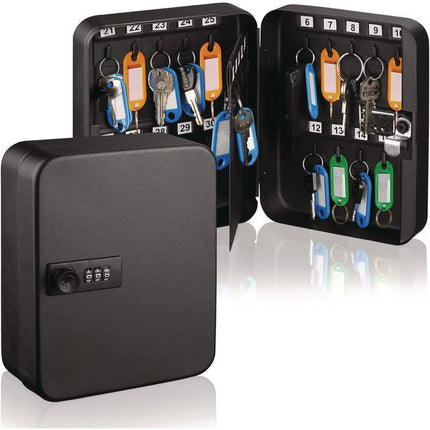 Steel Heavy-Duty Key Cabinet with Combination Lock, 30-Key, 6.4 x 3 x 8, Stainless Steel 304, Black