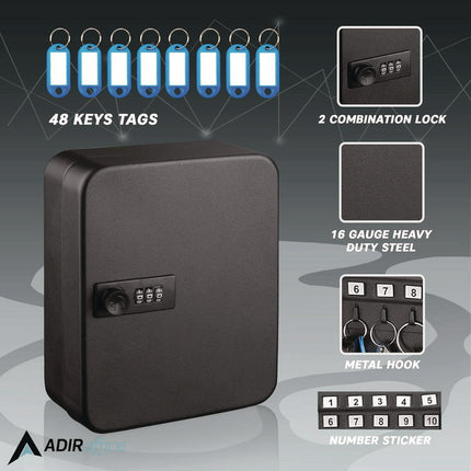 Steel Heavy-Duty Key Cabinet with Combination Lock, 30-Key, 6.4 x 3 x 8, Stainless Steel 304, Black
