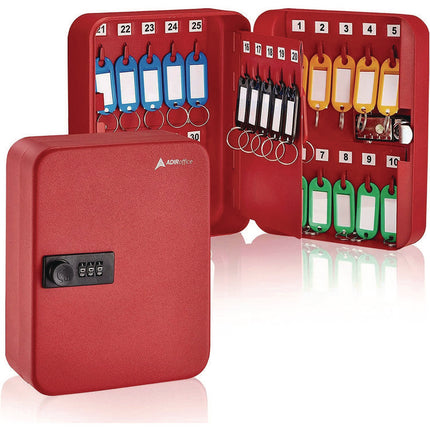 Steel Heavy-Duty Key Cabinet with Combination Lock, 30-Key, 6.4 x 3 x 8, Stainless Steel 304, Red