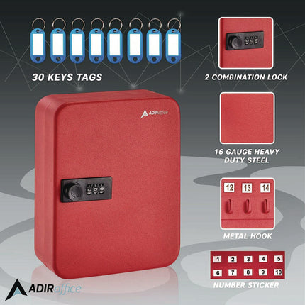 Steel Heavy-Duty Key Cabinet with Combination Lock, 30-Key, 6.4 x 3 x 8, Stainless Steel 304, Red