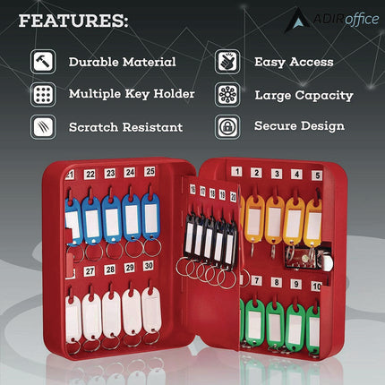 Steel Heavy-Duty Key Cabinet with Combination Lock, 30-Key, 6.4 x 3 x 8, Stainless Steel 304, Red